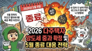 2026 다주택자 양도세 중과 확정 및 5월 종료 대응 전략 2026 다주택자 양도세 중과 확정과 다주택자 양도세 중과 유예 종료(5월 9일) 시나리오를 담은 썸네일. 조정대상지역 양도세 중과 부활로 최고 82.5% 세금 폭탄과 양도소득세 장기보유특별공제 배제 위기를 맞은 상황. 2026년 부동산 세법 개정에 대비해 매도 전략을 계산하는 투유단과, 자산이 증발해 까맣게 타버린 덕팔이 캐릭터 일러스트.