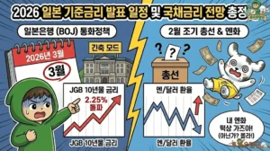 2026 일본 기준금리 발표 일정 및 국채금리 전망 총정리 2026 일본 기준금리 발표 일정과 3월 긴축 모드를 예고하는 썸네일. JGB 10년물 금리가 2.25%를 돌파하며 일본 국채금리 전망이 급변하는 상황에 놀란 투유단. 2월 조기 총선 변수로 엔화 환율 전망이 요동치자, BOJ 금리 결정에 따른 변동성에 어지러워하는 덕팔이와 2026년 일본은행 통화정책회의 이슈를 담은 인포그래픽.