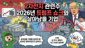 2차전지 관련주의 운명을 가를 2026년 2차전지 시장과 트럼프 쇼크 썸네일. 살아남을 기업인 LG에너지솔루션(ESS/데이터센터)과 무너지는 에코프로비엠 공장을 대비. 살아남을 기업을 찾아야 한다고 외치는 투유단과 주식 계좌가 녹아내려 절규하는 덕팔이 일러스트.