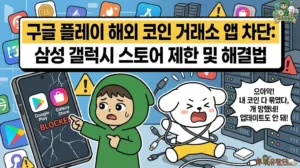 구글 플레이 해외 코인 거래소 앱 차단: 삼성 갤럭시 스토어 제한 및 해결법 구글 플레이 해외 코인 거래소 앱 차단 사태와 삼성 갤럭시 스토어 앱 제한 해결법을 다룬 썸네일. 미신고 가상자산사업자(VASP) 규제로 인해 바이낸스 신규 설치 차단이 된 스마트폰을 가리키며 경고하는 투유단. 해외 거래소 앱 업데이트 불가 상황에 갇혀 충전 케이블에 꽁꽁 묶인 채 코인을 못 꺼내 절규하는 덕팔이 캐릭터 일러스트.