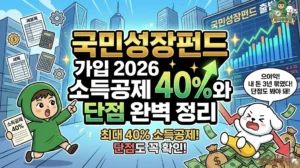 국민성장펀드 2026년 출시 및 국민성장펀드 가입 가이드 썸네일. 최대 40%의 국민성장펀드 소득공제 혜택을 강조하는 투유단 캐릭터와, 3년 의무 가입 기간에 돈이 묶이는 국민성장펀드 단점을 깨닫고 하락하는 차트 위에서 절규하는 덕팔이 일러스트. 국민참여형 펀드의 기회와 리스크를 동시에 보여주는 이미지.