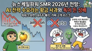 뉴스케일파워 SMR 2026년 전망과 뉴스케일파워 주가 하락 원인을 분석한 썸네일. AI 데이터센터 전력 수요라는 '황금 사과' 뒤에 숨겨진 '독이 든 성배'(대주주 매각, 가짜 고객 리스크)를 경고하는 투유단과, 독을 보고 기겁하는 덕팔이 캐릭터 일러스트.