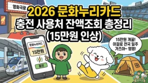 15만 원으로 인상된 2026 문화누리카드 혜택 총정리 썸네일. 스마트폰 앱을 통해 간편하게 문화누리카드 충전과 문화누리카드 잔액조회를 하는 방법을 안내하는 투유단. 영화관, KTX, 캠핑장, 경기장 등 다양한 문화누리카드 사용처를 확인하고 신이 난 덕팔이와 통합문화이용권 가이드를 담은 일러스트.