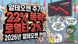 알테오젠 주가가 단숨에 22% 대폭락한 2026년 최악의 시나리오 썸네일. 머크 키트루다 SC 계약의 핵심인 로열티가 고작 2%로 밝혀지며 알테오젠 전망에 치명타를 입힌 상황. 계좌가 녹아내려 태블릿을 부수며 우는 덕팔이와 충격에 빠진 투유단 캐릭터 일러스트.