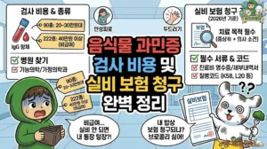 만성 피로 원인과 피부 두드러기를 해결하기 위한 음식물 과민증 검사 가이드 썸네일. 90종 20~30만원대, 222종 40만원 이상인 지연성 알러지 검사 비용 부담에 지갑을 걱정하는 투유단과, 음식물 과민증 검사 실비 청구 조건(치료 목적, 질병코드 K58/L20)을 확인하며 어지러워하는 덕팔이. IgG 검사 병원(기능의학) 찾기 팁과 비급여 항목을 설명하는 인포그래픽.