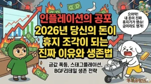 인플레이션의 공포 2026년 당신의 돈이 휴지 조각이 되는 진짜 이유와 생존법 공포가 덮친 2026년, 당신의 돈이 휴지 조각이 되는 이유와 생존법을 다룬 썸네일. 금값 폭등과 스태그플레이션 위기 속에서 화폐 가치 하락을 경고하는 투유단 캐릭터와, 살기 위해 금괴와 생필품을 챙겨 달아나는 덕팔이 일러스트.