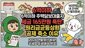 2026년 주택담보대출 소득공제 축소 이슈와 연말정산 세금폭탄 위기를 다룬 썸네일. 6억이하 주택담보대출 보유자에게 닥친 국세청 유권해석 변경과 장기주택저당차입금 이자상환액 공제 축소 원인을 설명하는 투유단. 주담대 연말정산 혜택 감소로 165만 원을 뱉어내게 되어 돼지저금통이 깨지고 절규하는 덕팔이 일러스트.