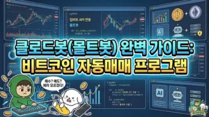 클로드봇(몰트봇) 완벽 가이드: 비트코인 자동매매 프로그램 클로드봇을 활용한 몰트봇 자동매매 완벽 가이드 썸네일. 파이썬 기반 비트코인 자동매매 프로그램 구축과 업비트 API 연동 방법을 설명하는 화면. 가상화폐 오토봇에게 투자를 맡기려다 매수, 매도 타이밍에 머리 아파하는 투유단과 키보드 앞에서 미끄러지는 덕팔이 캐릭터 일러스트.