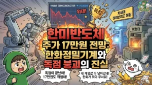 한미반도체 주가 17만원 전망이 위태로운 이유와 독점 붕괴의 진실 썸네일. 한화정밀기계의 TC본더 시장 진입으로 깨져버린 독점 트로피와 하락하는 차트. 한미반도체 전망에 대한 경고(WARNING)를 날리는 투유단과, 주가 하락에 멘탈이 나가 쓰러진 덕팔이 일러스트.
