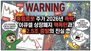 휴림로봇 주가 2026년 폭락: 이큐셀 상장폐지 핵폭탄과 2.5조 증발의 진실 휴림로봇 주가 2026년 대폭락 시나리오와 이큐셀 상장폐지 핵폭탄 이슈를 다룬 썸네일. 2.5조 원 증발과 매도(SELL) 경고 속에서 휴림로봇 전망을 비관적으로 바라보는 투유단 캐릭터와, 계좌가 날아가 공포에 질린 덕팔이 일러스트.
