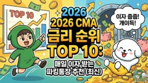2026 CMA 금리 순위 TOP 10: 매일 이자 받는 파킹통장 추천 (최신) 2026 CMA 금리 순위 TOP 10 완벽 분석을 통해 최고의 파킹통장 추천 정보를 제공하는 썸네일. 꼼꼼한 증권사 금리비교로 이율 높은 비상금 통장을 찾아낸 투유단. 매일 이자 받는 통장 덕분에 금고 속 돈방석에 누워 "이자 줍줍 개이득"을 외치며 행복해하는 덕팔이 캐릭터 일러스트.