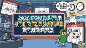 2026 FOMC 일정 및 미국 금리인하 시기 발표 한국시간 총정리 2026 FOMC 일정과 2026년 미국 금리인하 시기 발표를 완벽 정리한 썸네일. 서머타임 적용에 따라 달라지는 2026 FOMC 발표 한국시간을 확인하며 잠 못 이루는 덕팔이. 미국 기준금리 전망의 핵심인 3월 점도표를 분석하며 연준 금리 결정 시나리오를 설명하는 투유단 캐릭터 일러스트.