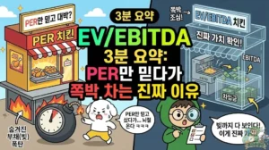EV/EBITDA 지표를 활용해 숨겨진 부채를 피하고 정확한 기업 가치 평가를 하는 방법을 담은 썸네일. PER만 믿다가 부채 폭탄에 놀라 도망가는 덕팔이와 달리, 기업의 실질적인 현금 창출력을 꼼꼼히 분석하여 알짜배기 저평가 주식을 찾아내는 투유단. 복잡한 주식 용어를 3분 만에 쉽게 요약해 주는 투자 가이드 일러스트.