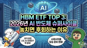 HBM ETF TOP 3 추천 정보와 2026년 AI 반도체 수혜주 슈퍼사이클 전망을 담은 썸네일. HBM 반도체 로켓에 올라타 "나도 AI 천재"를 외치며 우주로 날아가는 덕팔이. 지금이 투자 적기임을 강조하며 SK하이닉스 주가 상승세에 탑승하라고 손짓하는 투유단 캐릭터 일러스트.