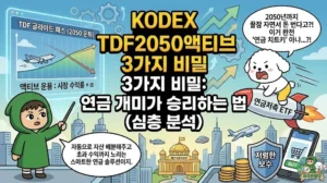 KODEX TDF2050액티브의 3가지 비밀과 연금 개미 필승 전략을 담은 썸네일. 은퇴 시점에 맞춰 자산 비중을 조절하는 글라이드 패스 그래프를 설명하는 투유단. 연금저축 ETF 로켓을 타고 날아가며 꿀잠 자면서도 돈을 버는 TDF ETF 추천 상품의 장점을 표현한 덕팔이 일러스트.