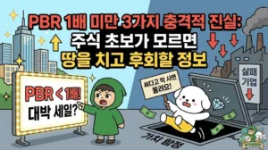 PBR 1배 미만 주식의 위험성과 기회를 분석한 썸네일. 주가순자산비율이 낮아 청산가치에도 못 미치는 저평가 주식을 발견하고 좋아하다가 '가치 함정'에 빠져버린 덕팔이. 기업 밸류업 프로그램의 허와 실을 설명하며, 싸다고 덜컥 샀다간 실패 기업일 수 있음을 경고하는 투유단 캐릭터 일러스트.