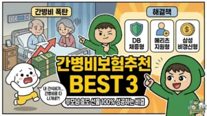 간병비보험추천 BEST 3: 부모님 효도 선물로 100% 성공하는 비결 간병비보험추천 BEST 3와 부모님 효도 선물 성공 비결을 담은 썸네일. 간병비 폭탄을 맞고 도망가는 덕팔이와 달리, 물가 상승을 방어하는 DB손해보험 체증형 등 해결책을 제시하며 안심시켜 주는 투유단 캐릭터 일러스트.