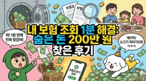 내 보험 조회 1분 해결: 숨은 돈 200만 원 찾은 후기 내 보험 조회 1분 해결 썸네일. 내 보험 조회를 통해 숨은 보험금 찾기에 성공해 200만 원을 찾은 투유단. 내 보험 다모아를 활용한 내 보험 조회로 복잡한 보험 가입 내역 조회를 한 번에 끝내는 모습. 내 보험 조회 결과 발견된 휴면 보험금 덕분에 소고기 파티를 한다며 신난 덕팔이와, 실제 내 보험 조회 후기 및 내 보험 조회 꿀팁을 담은 일러스트.