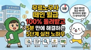 떼인 월급을 100% 돌려받는 무료노무사 활용 5단계 실전 노하우 썸네일. 돋보기를 들고 해결책을 제시하는 초록색 로브의 투유단과, 성공적인 임금체불 신고 후 밀린 월급을 받아 돈다발 속에서 기뻐하며 펄쩍 뛰어오르는 덕팔이를 통해 무료노무상담의 중요성을 강조하는 일러스트.