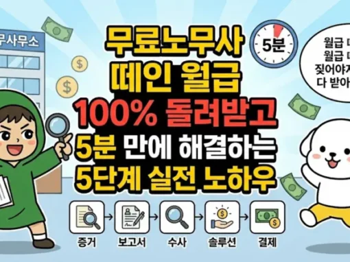 무료노무사 떼인 월급 100% 돌려받고 5분 만에 해결하는 5단계 실전 노하우 12 떼인 월급을 100% 돌려받는 무료노무사 활용 5단계 실전 노하우 썸네일. 돋보기를 들고 해결책을 제시하는 초록색 로브의 투유단과, 성공적인 임금체불 신고 후 밀린 월급을 받아 돈다발 속에서 기뻐하며 펄쩍 뛰어오르는 덕팔이를 통해 무료노무상담의 중요성을 강조하는 일러스트.