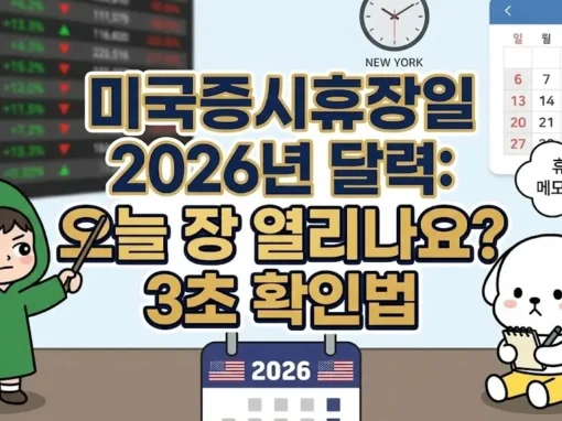 미국증시휴장일 2026년 달력: 오늘 장 열리나요? 3초 확인법 1 미국증시휴장일 3초 확인법과 2026년 미국 휴장일 달력을 담은 썸네일. 달력을 가리키며 오늘 장이 열리는지 확인하는 투유단과, 휴장일이라 마음 편히 잠을 자는 덕팔이 캐릭터 일러스트.