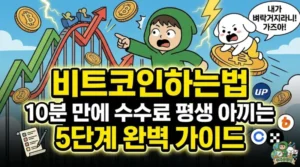 비트코인하는법 10분 만에 수수료 평생 아끼는 5단계 완벽 가이드 롤러코스터 같은 장세 속에서 가상화폐투자를 시작하는 초보를 위해 10분 만에 끝내는 비트코인하는법 5단계 가이드를 담은 썸네일. 수수료 폭탄을 피하고 벼락부자를 꿈꾸며 코인에 올라탄 덕팔이와 상승 차트를 가리키는 투유단 캐릭터 일러스트.
