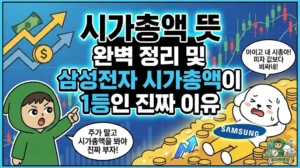시가총액 뜻 완벽 정리와 삼성전자 시가총액이 부동의 1위인 이유를 분석한 썸네일. 주가보다 기업 가치를 정확히 보여주는 시가총액 순위의 중요성을 강조하는 투유단. 초보자를 위한 주식 용어 정리를 듣다가 삼성전자 코인 더미에 누워 행복한 비명을 지르는 덕팔이 캐릭터 일러스트.