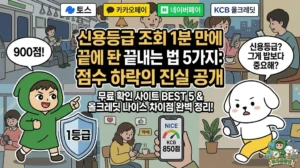 신용등급 조회 1분 만에 끝내는 법 5가지: 점수 하락의 진실 공개 신용등급 조회 1분 완성 꿀팁과 무료 신용점수 확인 사이트 BEST 5를 정리한 썸네일. 대출 금리를 낮추기 위해 올크레딧 나이스 차이를 분석하고 신용점수표 1등급(900점)을 달성해 자랑하는 투유단. 반면 밥보다 신용이 중요하냐며 KCB 850점 폰을 들고 뛰어다니는 덕팔이 캐릭터 일러스트.