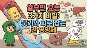 알부민 효능 3가지 비밀과 붓기, 피로를 한 번에 잡는 간 영양제로서의 역할을 설명하는 썸네일. 내 뱃살이 살이 아니라 붓기였다는 사실에 충격받아 도망가는 덕팔이와, 건강해진 간 캐릭터를 보여주며 알부민의 중요성을 강조하는 투유단 일러스트.