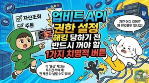 전 재산을 날릴 수 있는 치명적인 실수인 업비트 API 권한 설정과 완벽한 코인 해킹 방지 비결 1가지를 담은 썸네일. '출금' 버튼 체크의 위험성을 강력하게 경고하는 무릎 기장의 초록색 후드 로브를 입은 소년 투유단과, 코인을 다 털리고 충격에 빠져 공중에서 발버둥 치는 노란 바지의 하얀 솜털 강아지 덕팔이 일러스트.