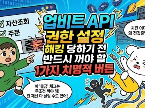 업비트 API 권한 설정 해킹 당하기 전 반드시 꺼야 할 1가지 치명적 버튼 9 전 재산을 날릴 수 있는 치명적인 실수인 업비트 API 권한 설정과 완벽한 코인 해킹 방지 비결 1가지를 담은 썸네일. '출금' 버튼 체크의 위험성을 강력하게 경고하는 무릎 기장의 초록색 후드 로브를 입은 소년 투유단과, 코인을 다 털리고 충격에 빠져 공중에서 발버둥 치는 노란 바지의 하얀 솜털 강아지 덕팔이 일러스트.