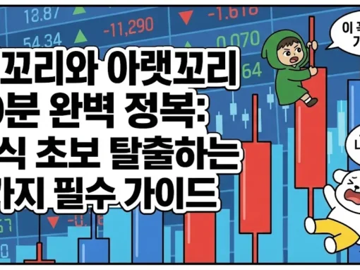 주식 캔들 보는법의 핵심인 윗꼬리와 아랫꼬리 10분 완벽 정복 가이드를 담은 썸네일. 몸통 위아래로 길게 뻗은 그림자 속에 숨겨진 세력의 흔적을 파악하여 주식 초보를 탈출하는 차트 분석 기초. 양봉 꼭대기로 밧줄을 타고 올라가며 기회를 잡는 투유단과 음봉 아래로 떨어지며 살려달라고 외치는 노란 바지의 덕팔이 캐릭터 일러스트.