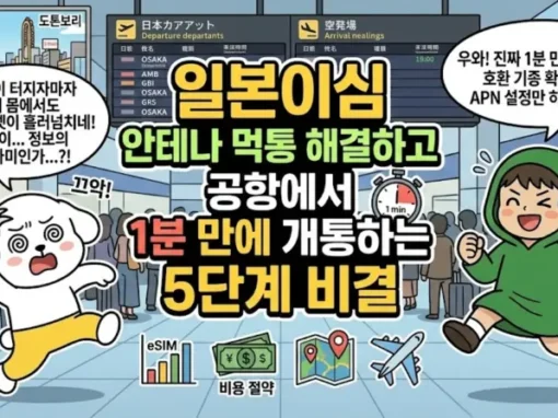 일본이심 안테나 먹통 해결하고 공항에서 1분 만에 개통하는 5단계 비결 10 공항에서 당황하지 않고 1분 만에 개통하는 일본이심 5단계 비결 썸네일. 인터넷이 안 터지는 일본 이심 안테나 오류를 겪고 절망하며 머리를 감싸 쥔 노란 바지의 하얀 솜털 강아지 덕팔이와, APN 설정으로 완벽하게 해결하고 스마트폰을 들고 환호하는 무릎 기장의 초록 로브 소년 투유단 일러스트.