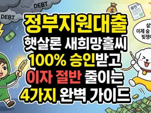정부지원대출 햇살론 새희망홀씨 100% 승인받고 이자 절반 줄이는 4가지 완벽 가이드 13 고금리 빚의 늪에서 탈출구를 찾는 분들을 위한 정부지원대출 4가지 완벽 가이드 썸네일. 구명줄을 던져 구조하는 짧은 갈색 머리에 무릎 기장의 초록색 후드 로브를 입은 투유단과, 완화된 햇살론 승인조건을 통해 빚 사슬을 끊고 역동적으로 점프하는 노란 바지를 입은 하얀 솜털 강아지 덕팔이 일러스트.