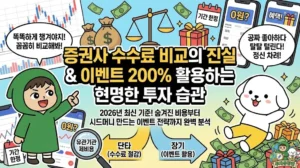 증권사 수수료 비교의 진실 & 이벤트 200% 활용하는 현명한 투자 습관 증권사 수수료 비교의 진실을 파헤치고 나에게 딱 맞는 증권사 추천을 돕는 가이드 썸네일. 숨겨진 비용을 체크하며 주식 수수료 무료 여부를 꼼꼼히 따지는 투유단. 주식 계좌 개설 이벤트로 받은 현금과 다양한 증권사 혜택 상자 위에서 행복해하는 덕팔이와 현명한 투자 습관 인포그래픽.