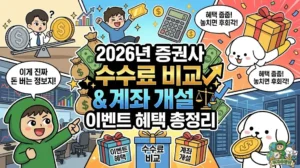 2026년 증권사 수수료 비교 & 계좌 개설 이벤트 혜택 총정리 증권사 수수료 비교를 통해 투자 비용을 아끼는 꿀팁 썸네일. 2026년 증권사 이벤트 중 주식 수수료 무료 혜택과 풍성한 주식 계좌 개설 이벤트 정보를 강조하는 투유단. 다양한 증권사 혜택이 담긴 선물 상자와 금화를 챙기며 '놓치면 후회각'이라 외치는 덕팔이 캐릭터 일러스트