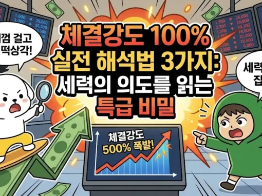 체결강도 100% 돌파 시 세력의 숨은 의도를 파악하는 실전 체결강도 보는법 3가지를 담은 썸네일. 500% 폭발 차트를 타고 떡상을 기대하며 서핑하는 덕팔이와, 그림자 속에 숨은 세력을 돋보기로 찾아내며 주식 체결강도 의미를 분석하는 투유단 캐릭터 일러스트.