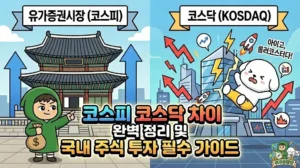 코스피 코스닥 차이 완벽 정리 및 국내 주식 투자 필수 가이드 코스피 코스닥 차이와 국내 주식 투자 필수 가이드 썸네일. 안정적인 기와집인 유가증권시장 앞에서 여유롭게 돈을 지키는 투유단과, 롤러코스터 같은 변동성에 놀라 떨어지는 덕팔이를 통해 코스피 코스닥 뜻을 시각적으로 비교. 주식 시장 운영 시간 등 기초 정보를 담은 인포그래픽.