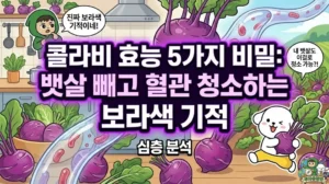 콜라비 효능 5가지 비밀을 통해 뱃살을 빼고 혈관 청소까지 하는 보라색 기적을 담은 썸네일. 최고의 다이어트 음식이라며 커다란 콜라비를 들고 신나게 뛰는 덕팔이와, 건강 비결을 설명하는 투유단 캐릭터 일러스트.