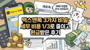 택스앤톡의 3가지 비밀을 통해 세무 비용을 1/3로 줄이는 방법을 담은 썸네일. 예상보다 많은 택스앤톡 환급을 받아 1년 치 간식비를 벌었다며 돈다발과 함께 기뻐하는 덕팔이와, 스마트폰으로 간편한 세무 처리를 소개하는 투유단 캐릭터 일러스트.