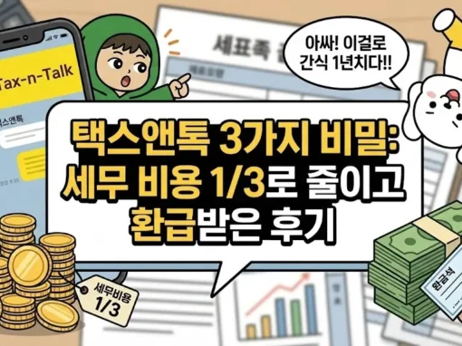 택스앤톡 3가지 비밀: 세무 비용 1/3로 줄이고 환급받은 후기 4 택스앤톡의 3가지 비밀을 통해 세무 비용을 1/3로 줄이는 방법을 담은 썸네일. 예상보다 많은 택스앤톡 환급을 받아 1년 치 간식비를 벌었다며 돈다발과 함께 기뻐하는 덕팔이와, 스마트폰으로 간편한 세무 처리를 소개하는 투유단 캐릭터 일러스트.