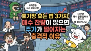 호가창 보는 법 3가지 비밀과 주식 호가창의 숨겨진 진실을 담은 썸네일. 매수 잔량 매도 잔량의 의미를 반대로 해석해 주가가 떨어지자 충격을 받고 미끄러지는 덕팔이. 반면 체결강도 분석과 주식 기초 용어 공부를 통해 세력의 심리 싸움을 꿰뚫어 보는 투유단 캐릭터 일러스트.