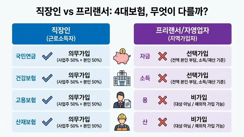 직장인 vs 프리랜서 4대보험 비교 인포그래픽