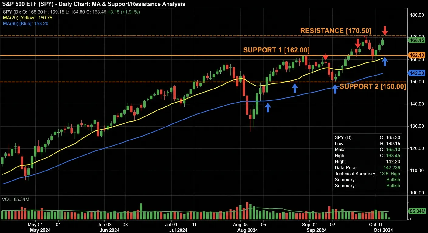 선형 차트에서 이동평균선과 지지저항 분석 예시