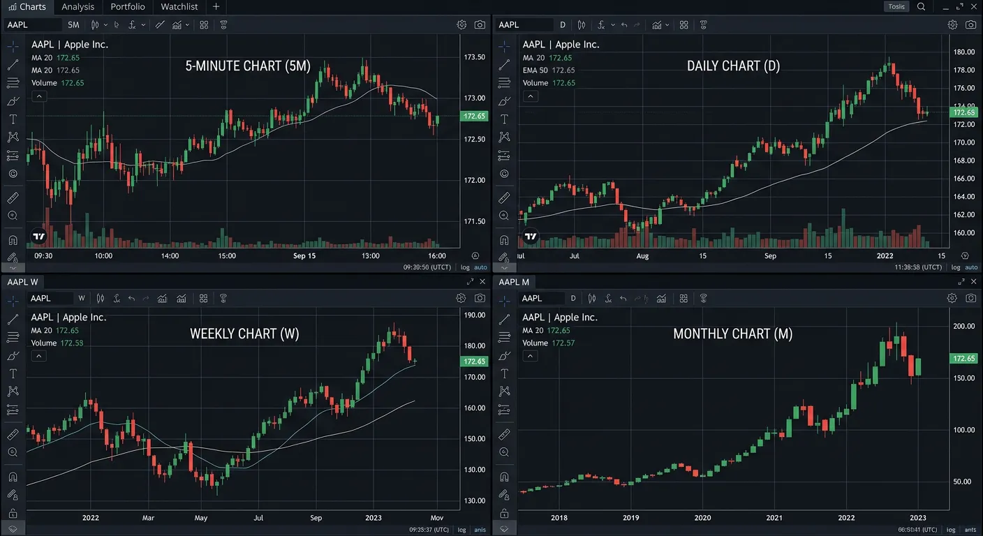 다양한 시간 프레임 차트 비교 - 분봉 일봉 주봉 월봉
