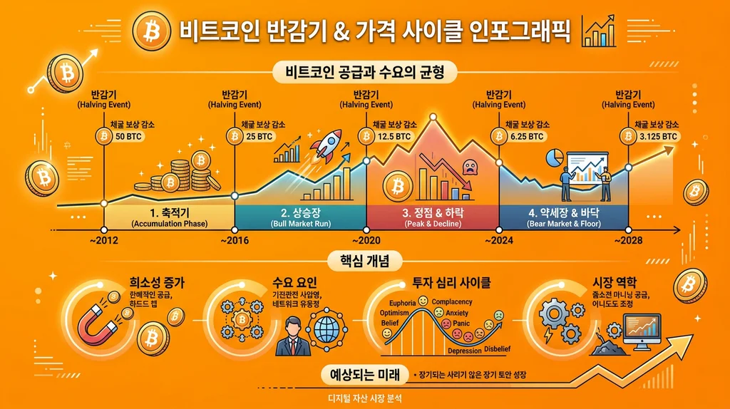 비트코인 반감기 와 가격 사이클 인포그래픽