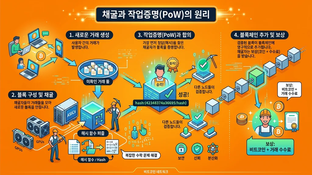 채굴 과 작업증명 원리 인포그래픽