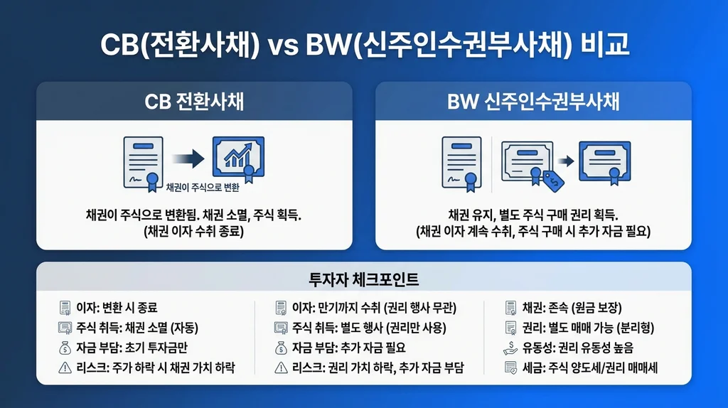 CB 전환사채 BW 신주인수권부사채 비교 인포그래픽