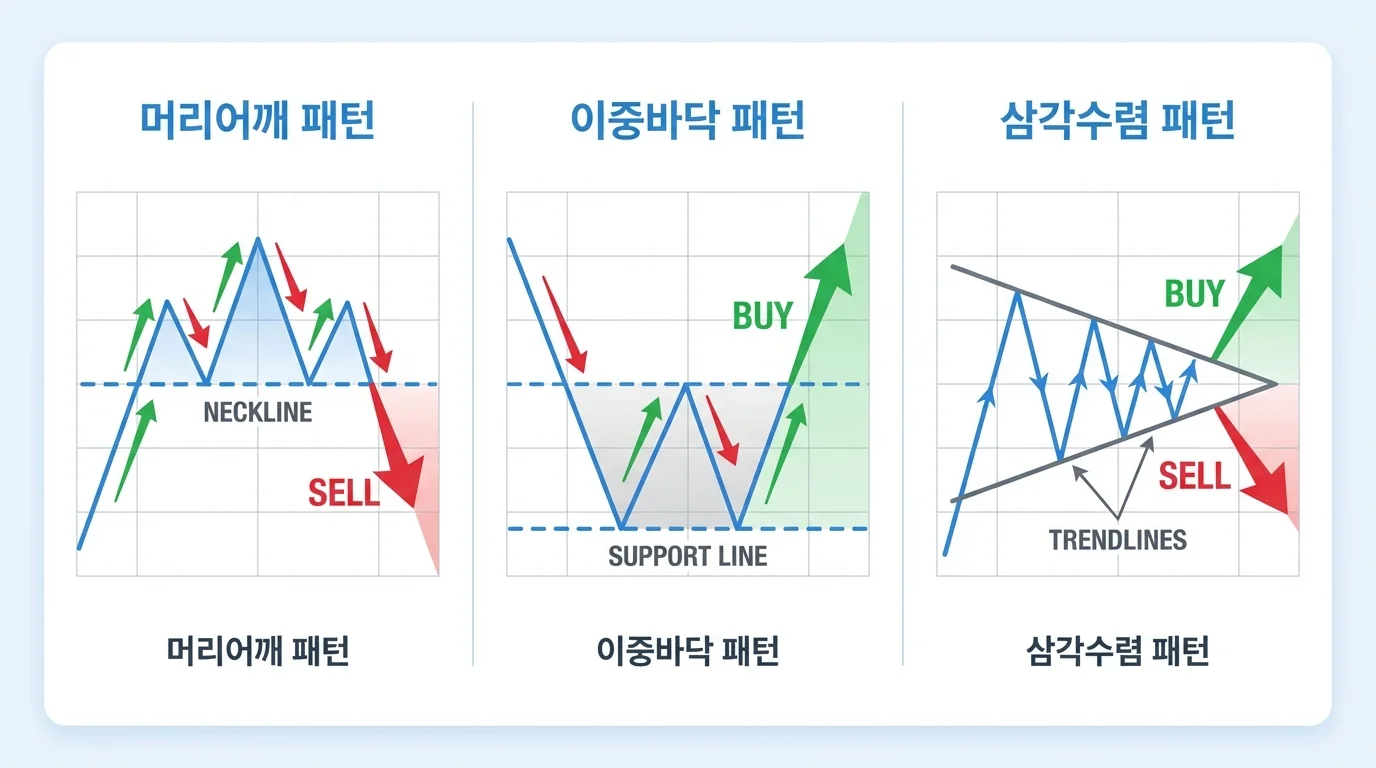 차트 패턴 기초 머리어깨 이중바닥 삼각수렴 인포그래픽