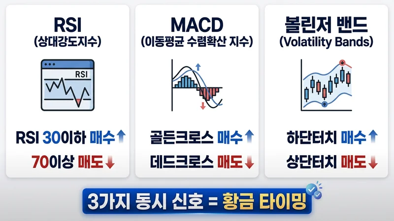 RSI MACD 볼린저밴드 컨플루언스 3중 지표 조합 비교 인포그래픽